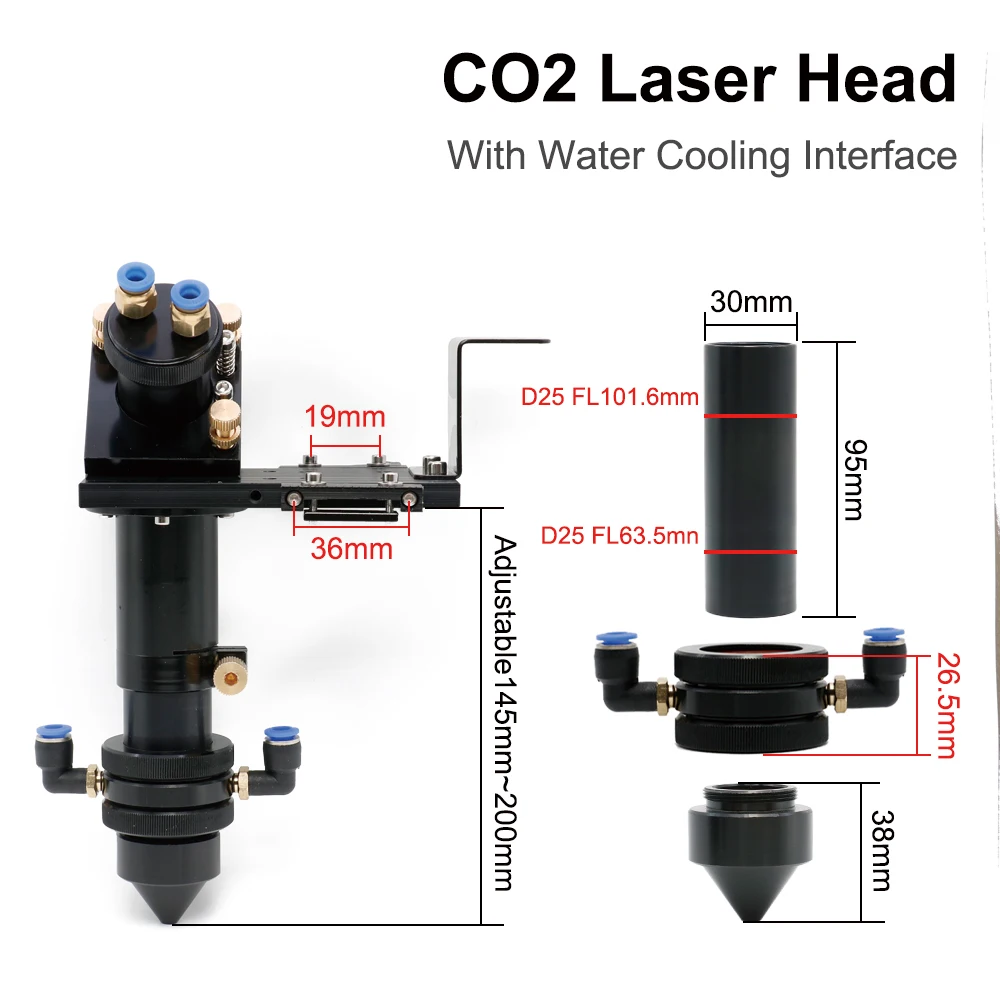 QDHWOEL Laser Cabeça Set, Water Cooling Interface, Espelho Dia, CO2 Lens Diâmetro de 30, Lens Integrative Mount Holder, 25 FL, 63.5 & 101.6