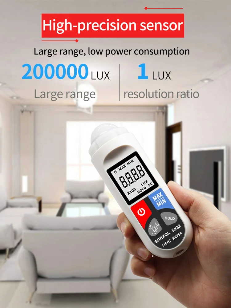 SNAKOL SK32 Luxmetro digitale ad alta precisione 200.000 LUX Ampia gamma Unità automatica Commutazione Funzione di mantenimento dei dati Display retroilluminato