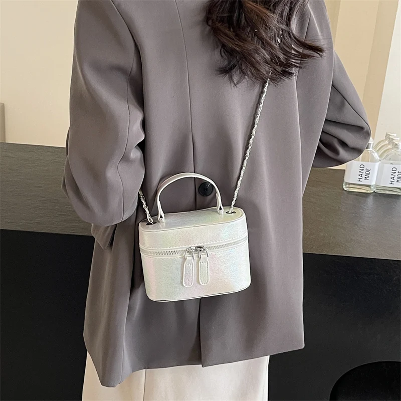 Mini Cute Solid Color PU Leather Box Shoulder Bag Handbags and Purses Designer Women 2024 Fashion Silver Chain Crossbody Bag