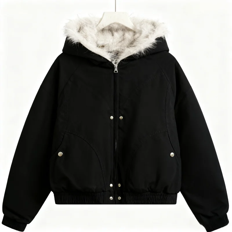 Kurtka damska Y2K w stylu American Vintage z długim rękawem, krótkim kapturem, kołnierzem ze sztucznego futra, casualowa, jednolita, zapinana na zamek, streetwear, jesień 2025