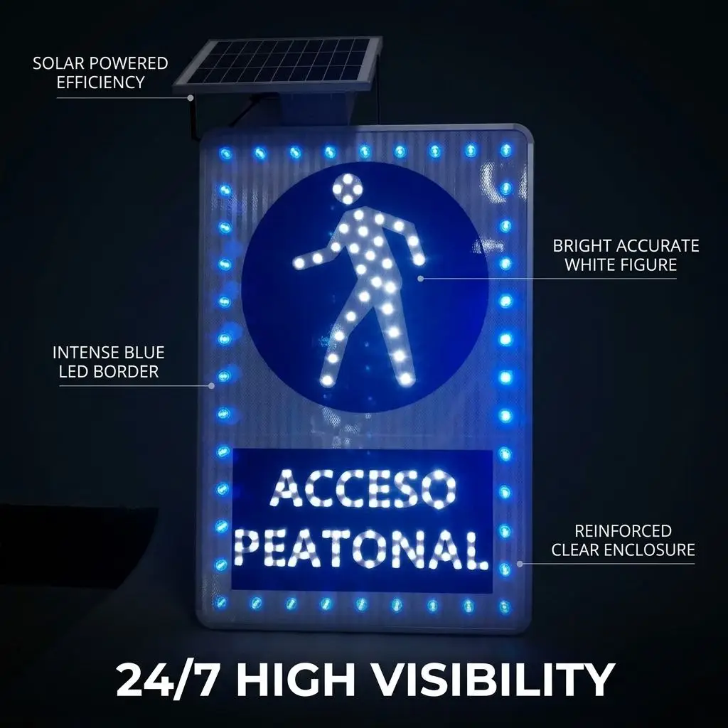 Solar LED Pedestrian Access Warning Sign Board 600mm High Visibility Reflective IP65 Traffic Safety Sign For Urban School Zone