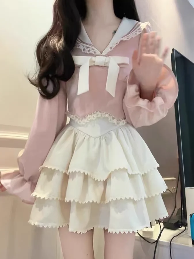 Kawaii Lolita New Japanese College Style Suit Long Sleeve Short Shirt Mini Cake Skirt Sweet Girl Two-Piece Sets Women