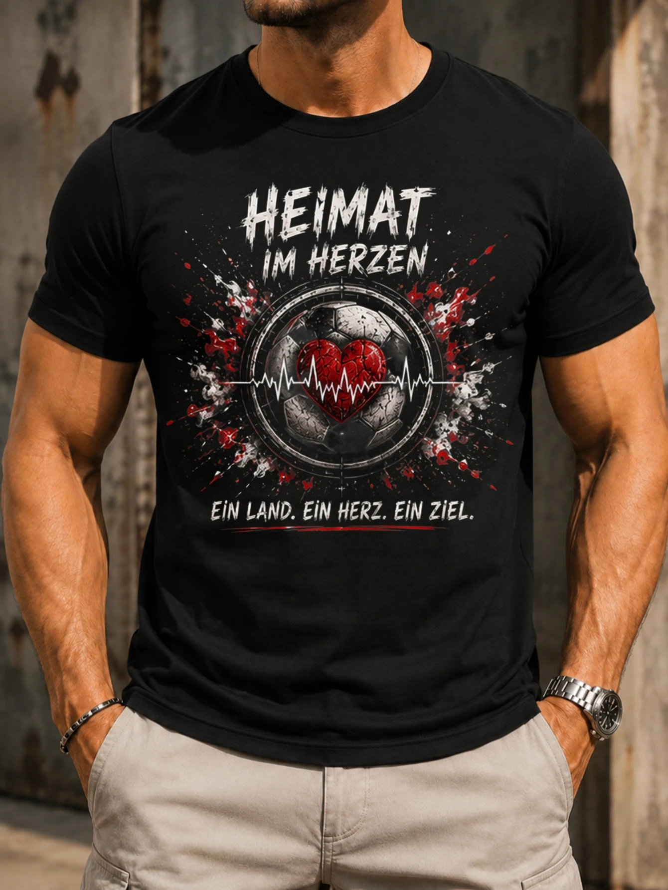 Футболка унисекс с принтом «Heimat Im Herzen»: разбитый футбольный мяч с красным сердцем, круглыми линиями в виде пульса и брызгами краски.