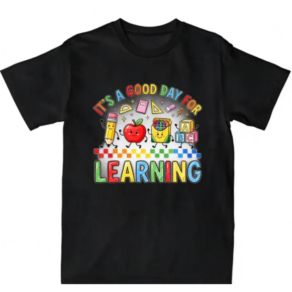 It's A Good Day For Learning Graphic T Shirt For Women, Cute Cartoon School Supplies Apple Pencil Print Short Sleeve