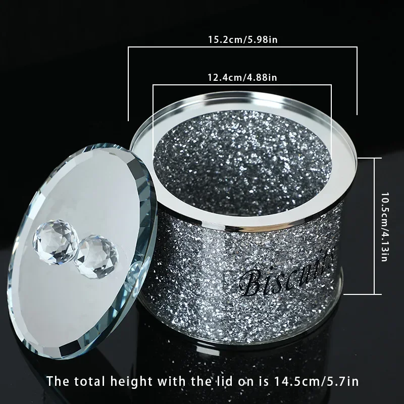 Crystal Glass Biscuit Container Jar Tin with Lid Kitchen Counter Storage Silver Trimmings Crystal Filled Decorative Storage Box