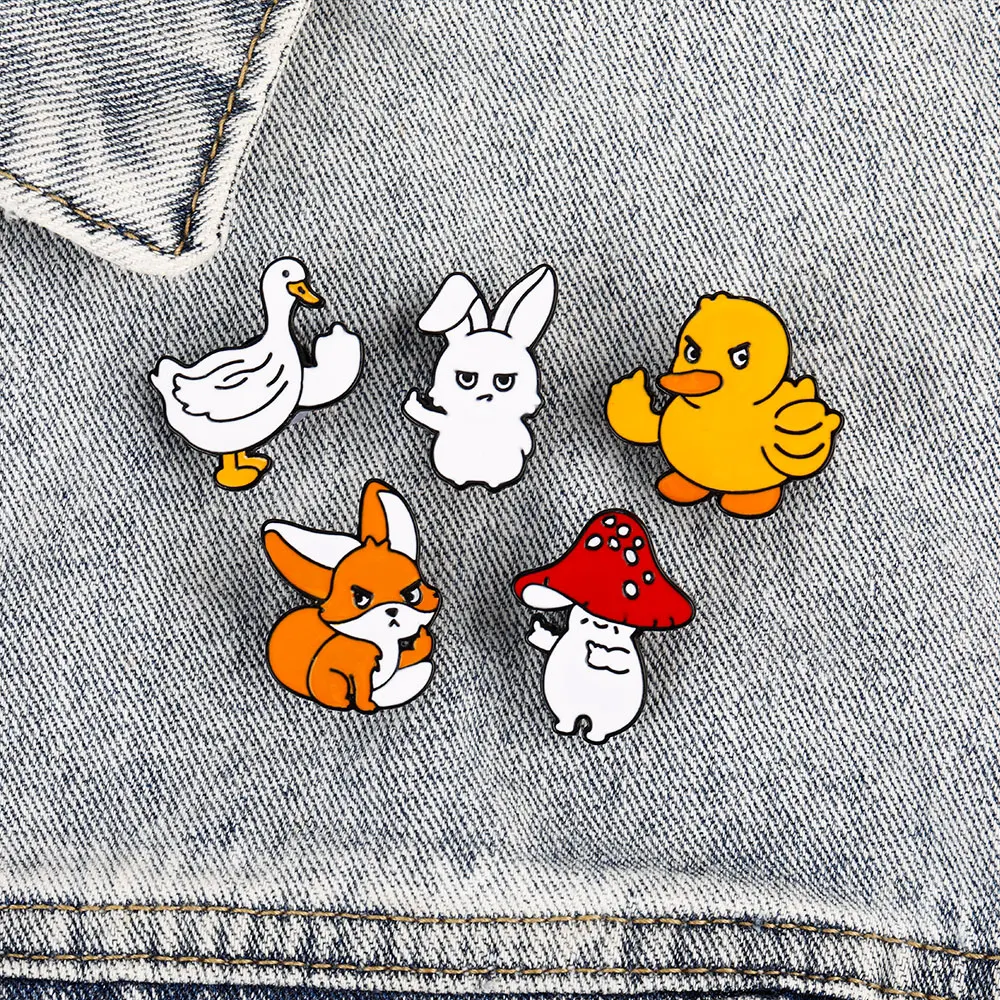 Cartoon Angry Animal Design Enamel Pins Cute Dog Cat Groose Duck Rabbit Middle Finger Metal Brooches
