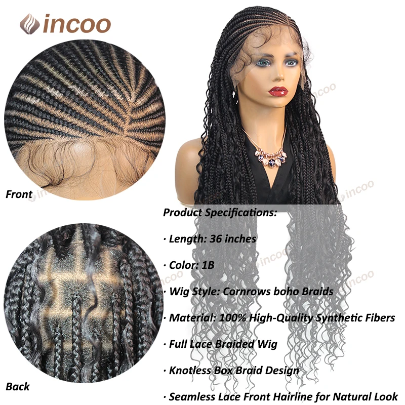 36インチ合成ボヘミアン風グルーレス編み込みウィッグ黒人女性用フルレースボックス編み込みウィッグサイドパートコーンロウ編み込みウィッグ