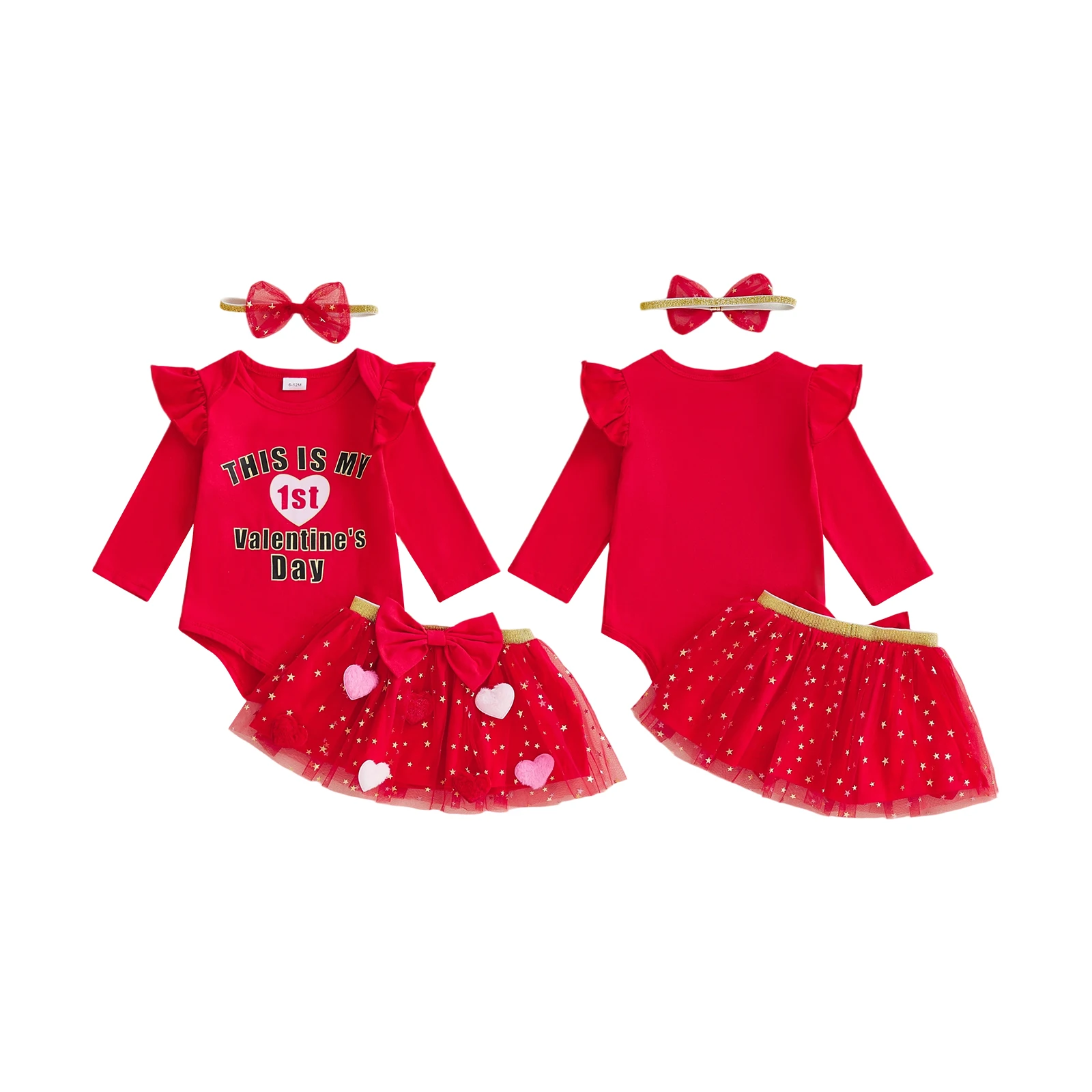2026 السنة الجديدة طفل رضيع فتاة أول عيد الحب الزي طويلة الأكمام رسالة رومبير تول تنورة القوس عقال 3 قطعة مجموعة