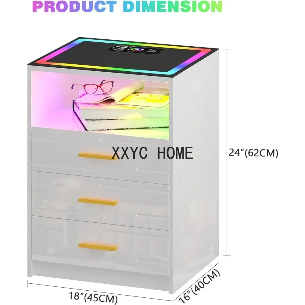 Mesita  noche LED con estación  carga inalámbrica, Sensor automático regulable  24 colores para muebles  dormitorio,