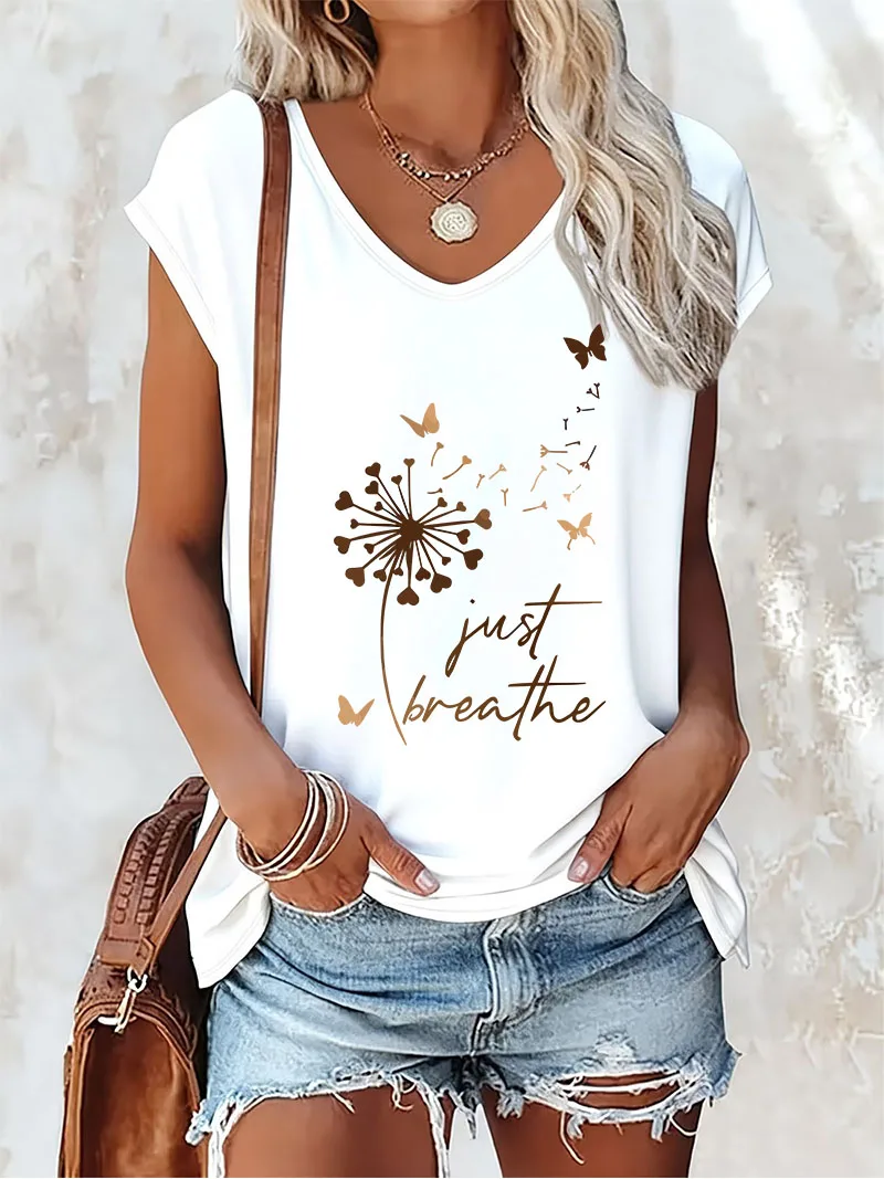Retro Just Breathe Dandelion Butterfly Tank Top T-shirt V Neck Harajuku Vest T Shirts Women Tee Shirt V-Neck Sleeveless