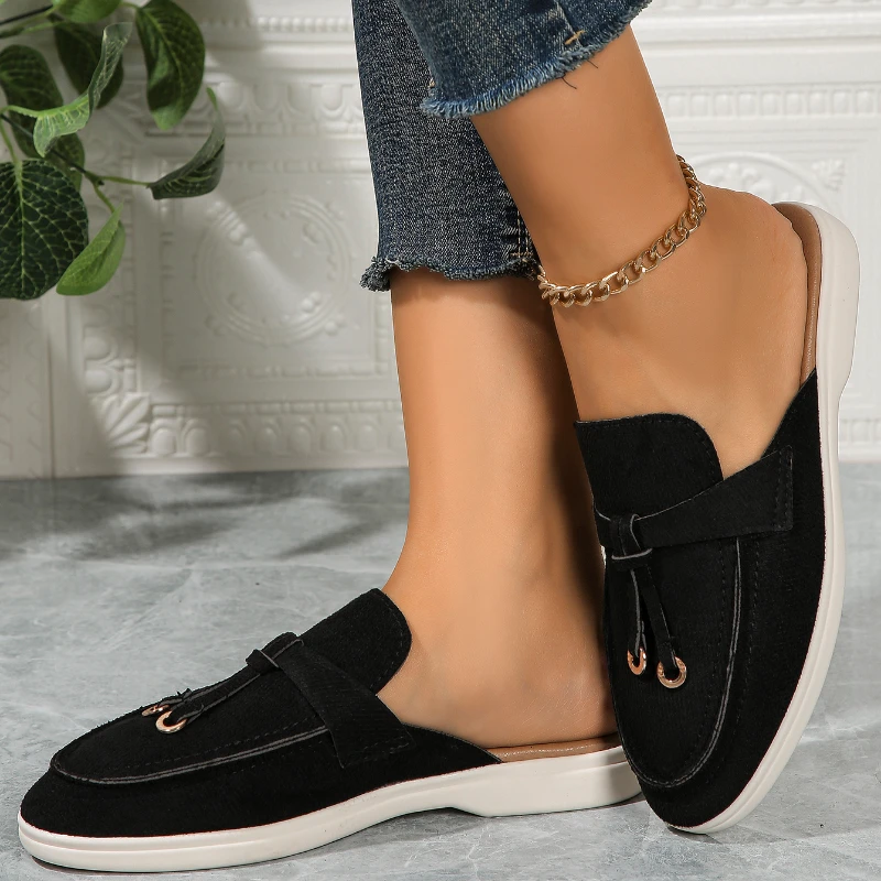 Casual Flat Bottom Mules Tassel Loafers Fashion Women Single Shoes Brand Metal Buckle Slipper Comfortable Slip Women Slippers