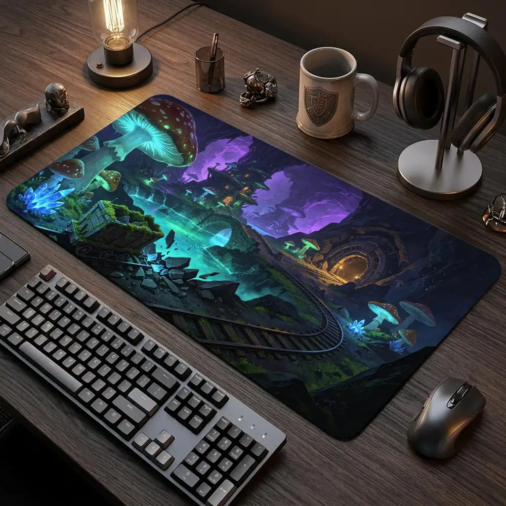 Glowing Giant Mushroom Underground Cave TCG Play Mat Volcano Scene Trading Card Game Desk Mat Non‑Slip Rubber Mouse Pad
