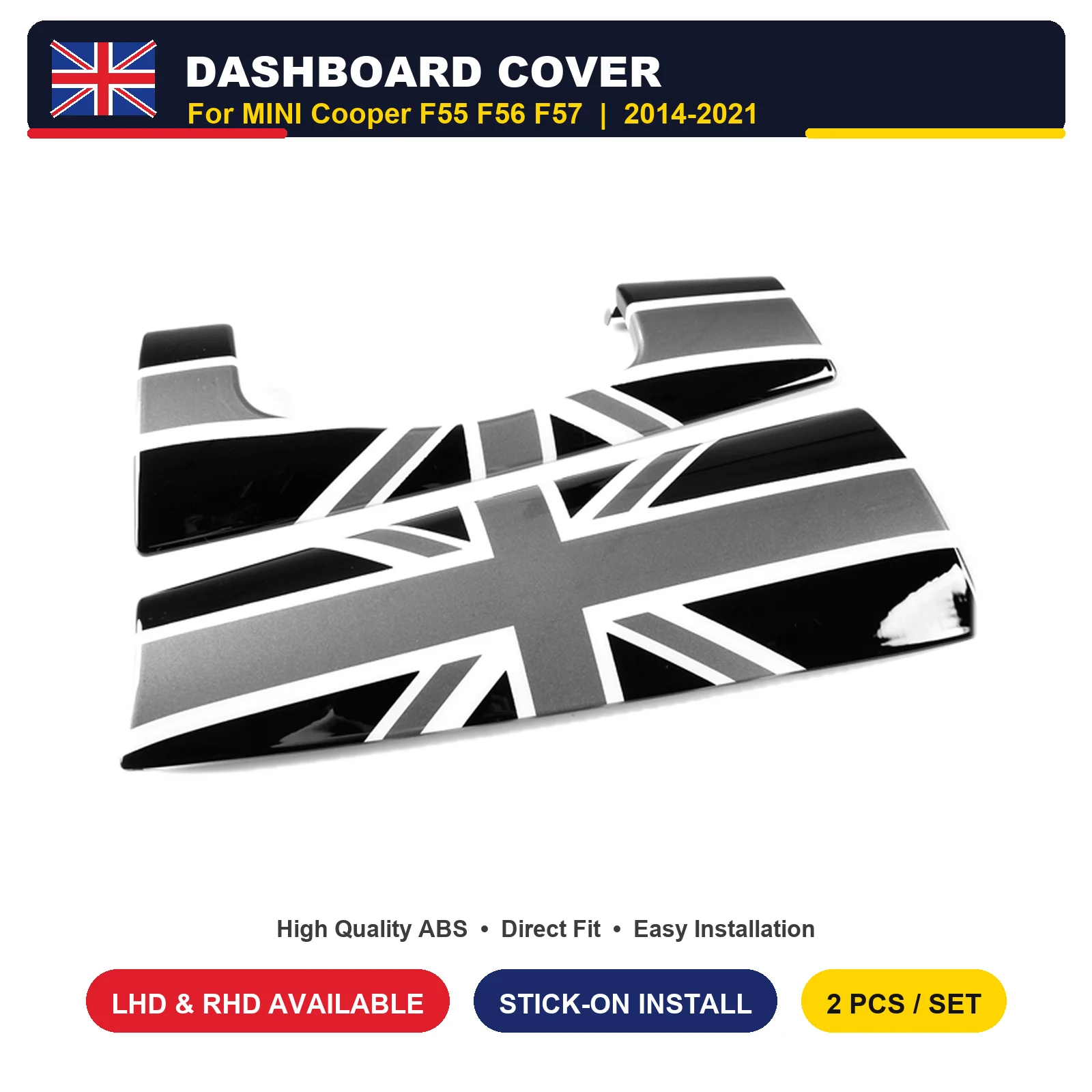 For MINI Cooper F56 F55 F57 Dashboard Trim Panel Cover Union Jack Chequered JCW Style PC Stick-on 2 Pcs 2014-2021 LHD RHD