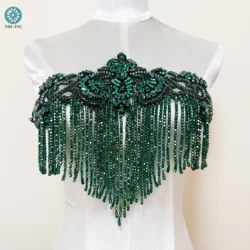 (1PC) Hand sewn crystal rhinestone wedding collar with tassels applique for clothing dress decoration WDD1385