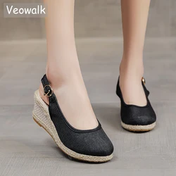 Veowalk Women Linen Cotton 6cm High Wedge Espadrilles Sandals Summer Bohemian Elegant Ladies Slingbacks Closed Toe Hemp Shoes