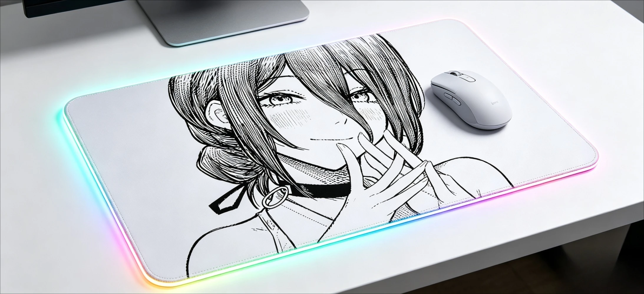 RGB Extended Gaming Desk Mat, Cool Black White Manga Girl Design, Smooth Non-Slip Large LED Mouse Pad for Gamer
