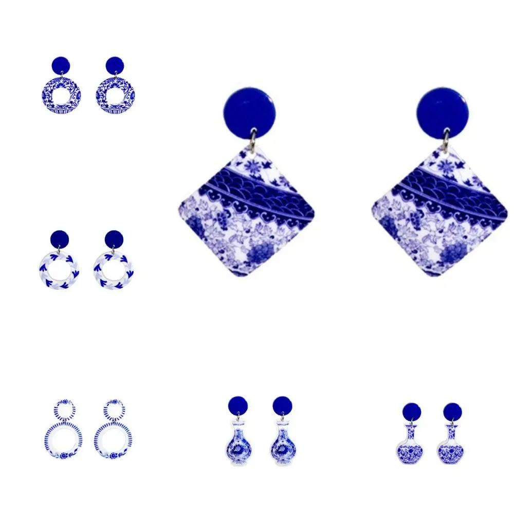 

Vintage Blue and White Porcelain Earrings Chinese Style Wave Point Elegant Geometric Earrings Geometric Trendy