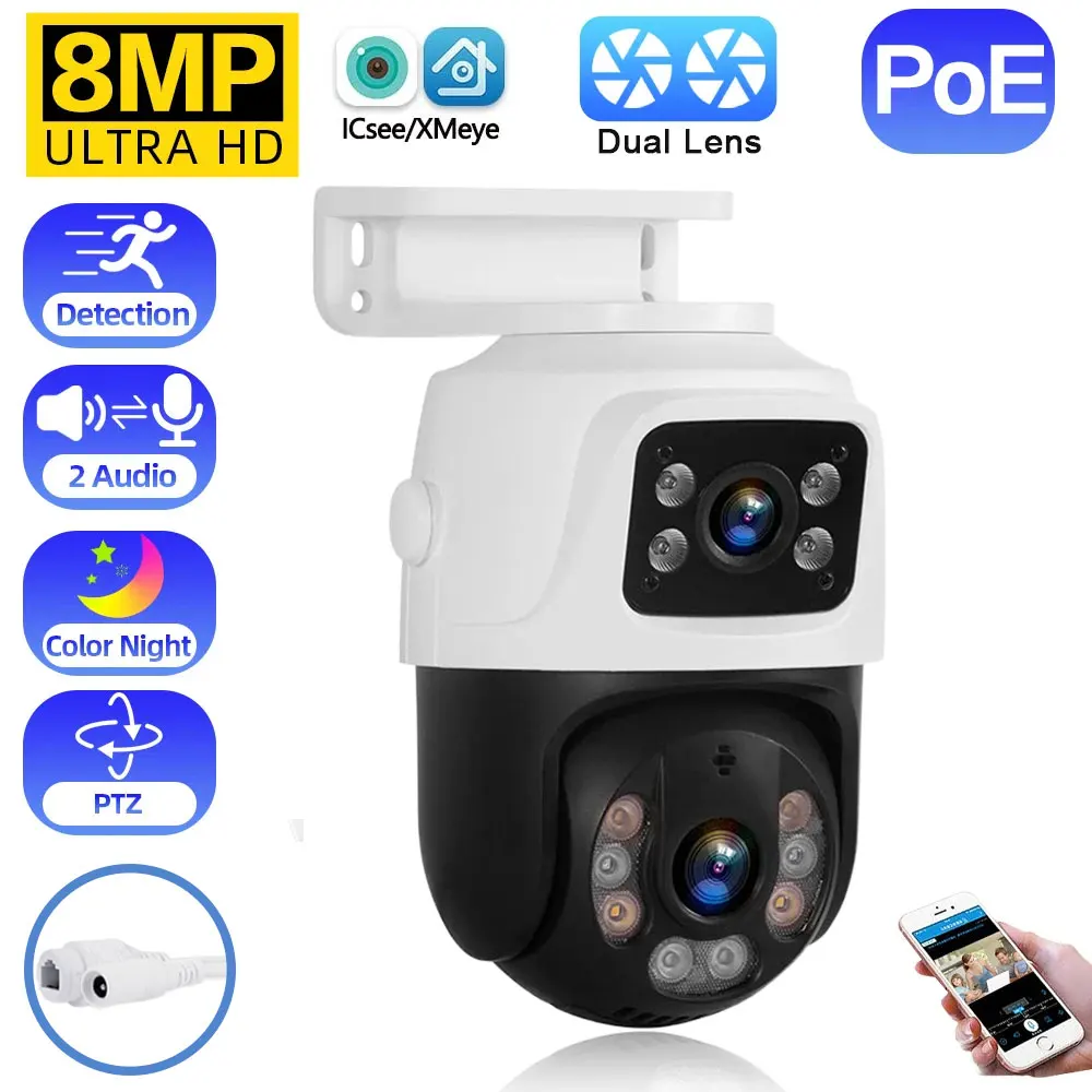 8MP 4K Dual Lens POE IP Camera PTZ Dual Screens Smart Home 360° Wired Video Surveillance IP Camera Motion Detection CCTV ICsee