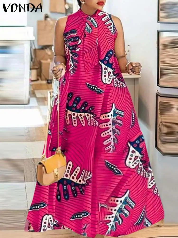 

Plus Size 5XL VONDA Summer Maxi Dress Women Floral Print Bow Tie Summer Beach Sundress Sexy Sleeveless Casual Loose Long Robe