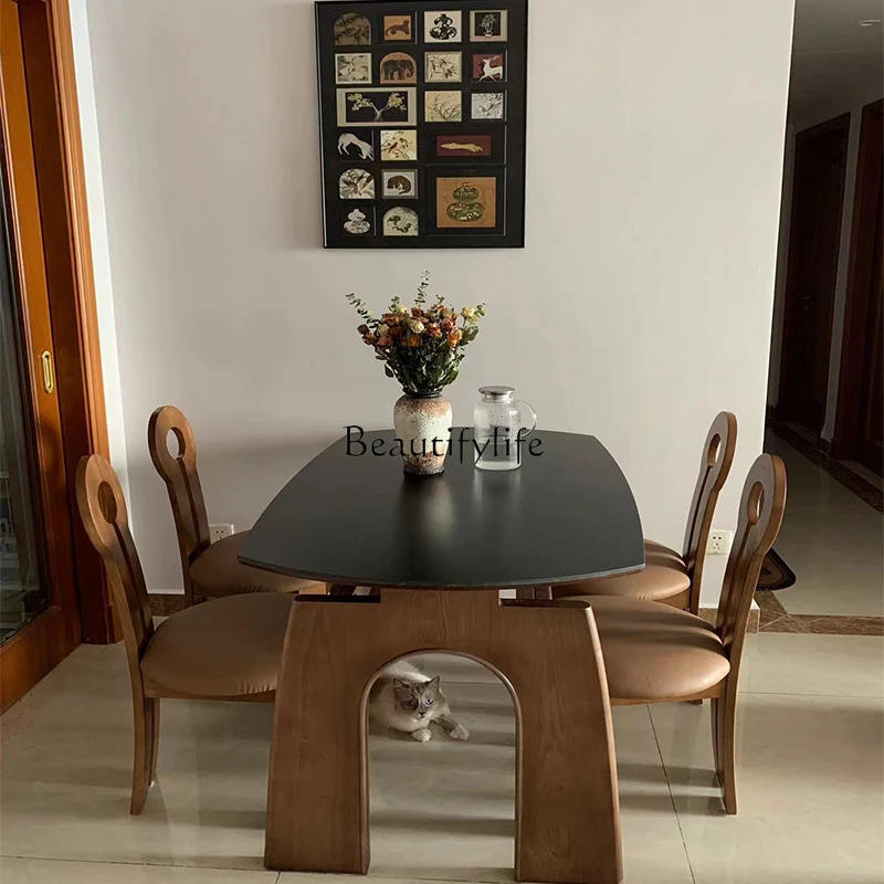 

Retro style solid wood multi-functional variable round dining table rock slab eating table