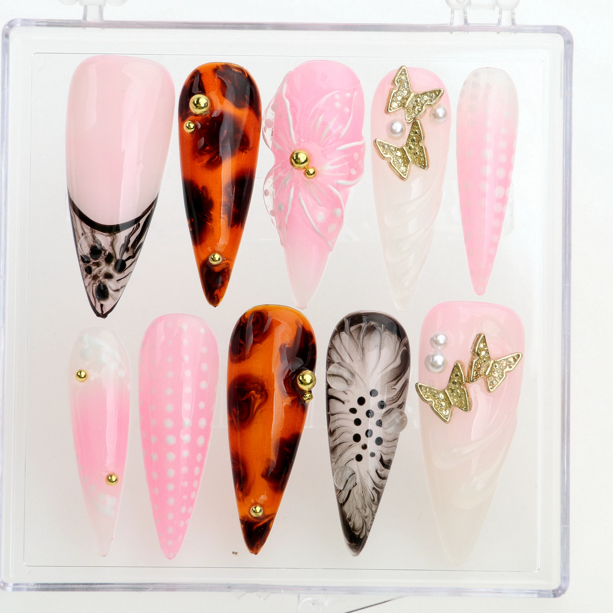 10Pcs Pink 3D Gel Butterfly Custom Handpainted Acrylic False Dreamy Nail for Birthday Vacation Holiday Gift for Her Floral Nails