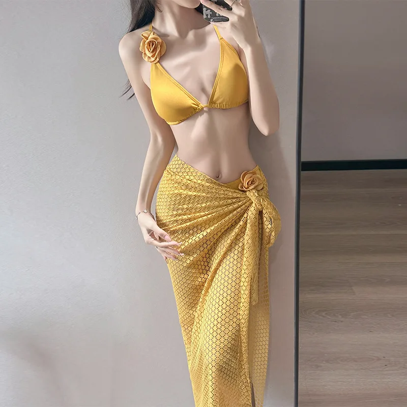 sexy 3d bloem kpop bikini sets drie stukken effen badpakken met lange cover rok badmode strandoutfits zoete biquini tankini