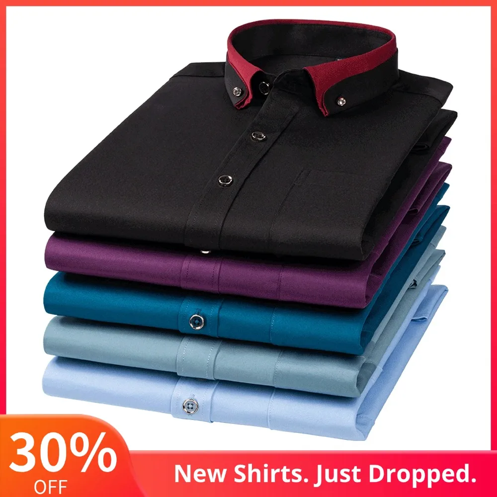 

Мужская гладкая эластичная рубашка с контрастным воротником и ромбовидной пуговицей с карманом и длинным рукавом, удобные удобные классические рубашки без утюга