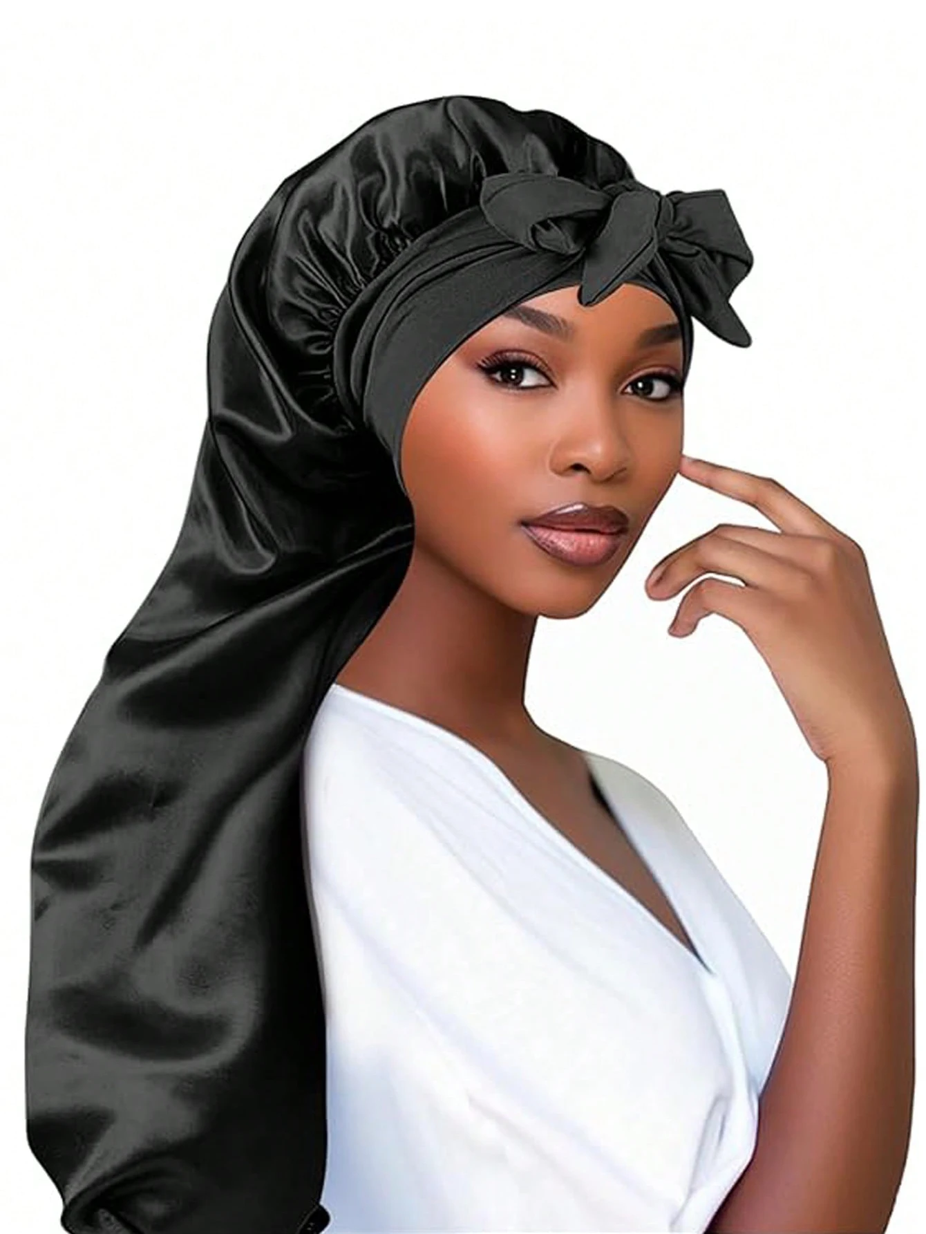 

Women long Oversized Elastic Satin Bonnet Sleeping Cap With Ribbon Breathable Sleeping Cap Turban Sleep Headwear Bandanas