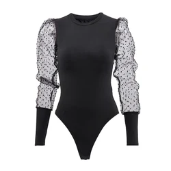 Womens Sexy Bodysuit Tops High Waist Thong Leotard Mesh See-through Puffy Long Sleeve Slim Bodycon Stretchy Romper Playsuit Tops