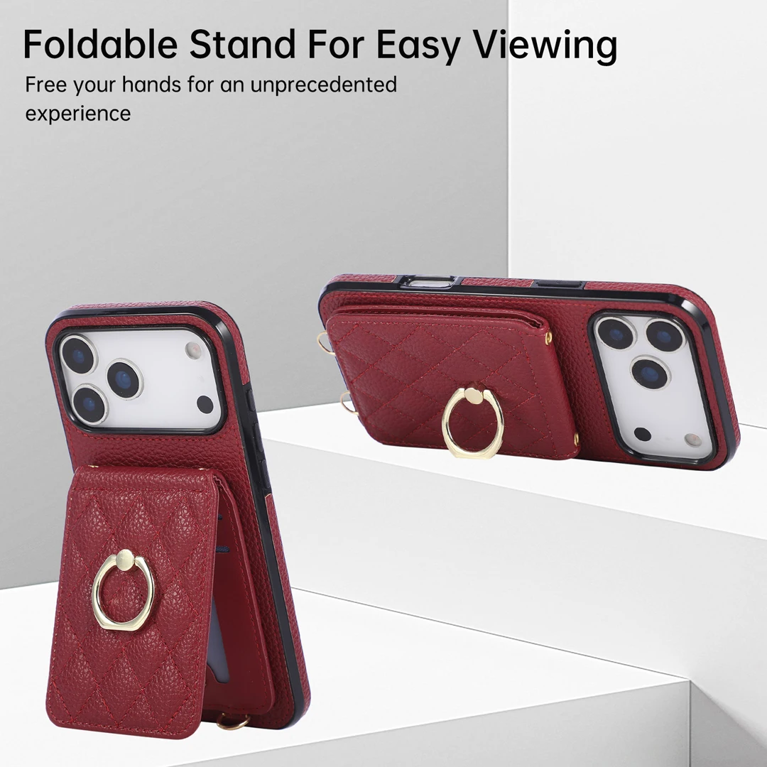 

Luxury Bracket Grid Leather Card Slot Wallet Case For iPhone 11 12 13 14 15 16 17 Pro Max Plus Purse Phone Cover Ring Kickstand