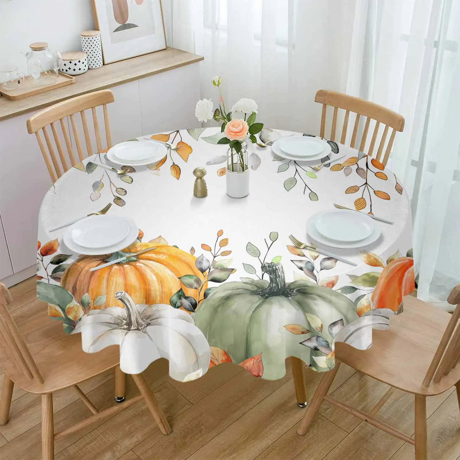 

Autumn Eucalyptus Leaves Pumpkin Round Table Cloth Festival Dining Tablecloth Waterproof Table Cover for Wedding Party Decor