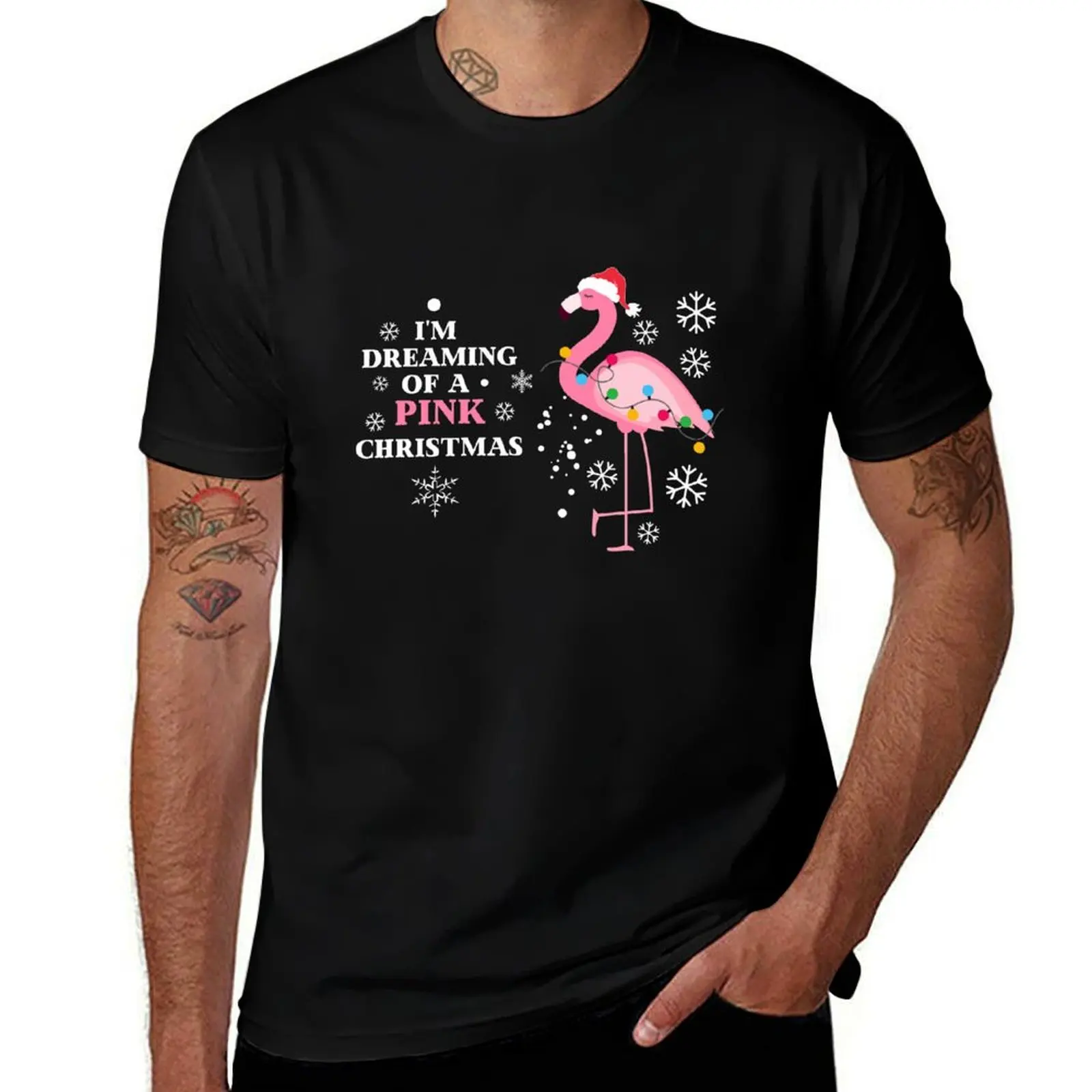 T-shirt graphique à séchage rapide pour hommes, je rêve d'un flamant rose tropical de Noël rose, t-shirts vintage