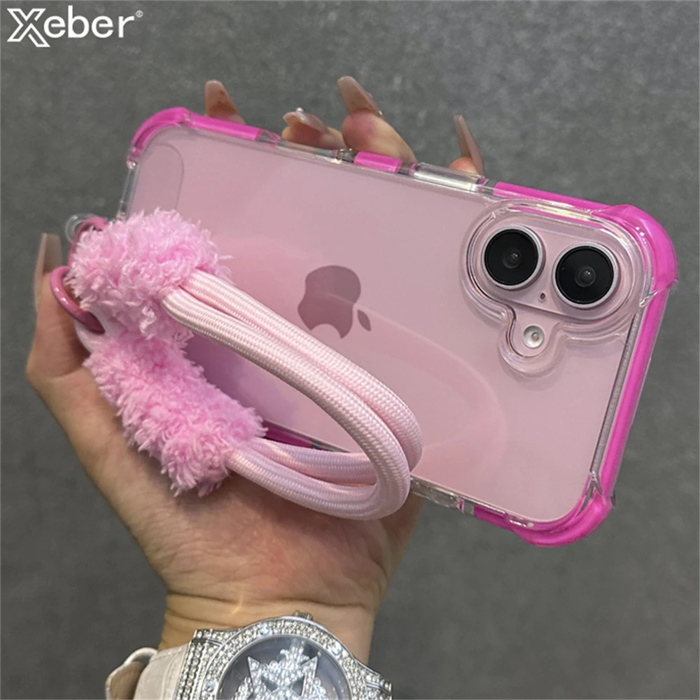 Hybrid Bumper Armor Transparent With Wrist Strap Case For iPhone 15 11 12 13 14 16 Pro Max Plus X XS XR Shockproof Air Bag Cover