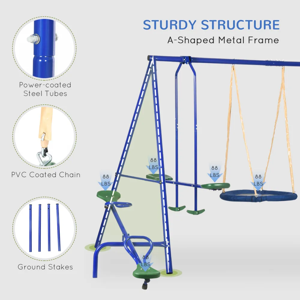 616 lbs Swing Set for Backyard, 5 in 1 Heavy-Duty A-Frame Stand Outdoor Playset for Kids, with Saucer Swing, Slide, Seesaw