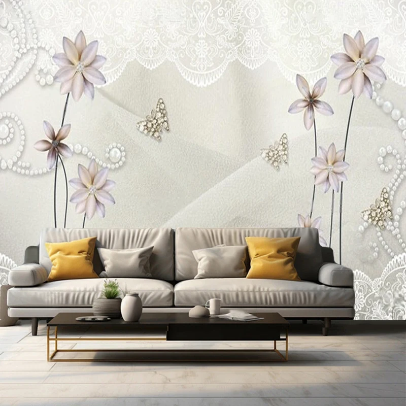 3D Elegant Jewelry Flowers Butterflies Pearl Lace-Edged Wall Decoration For Living Room Bedroom Hotel And Background Wall