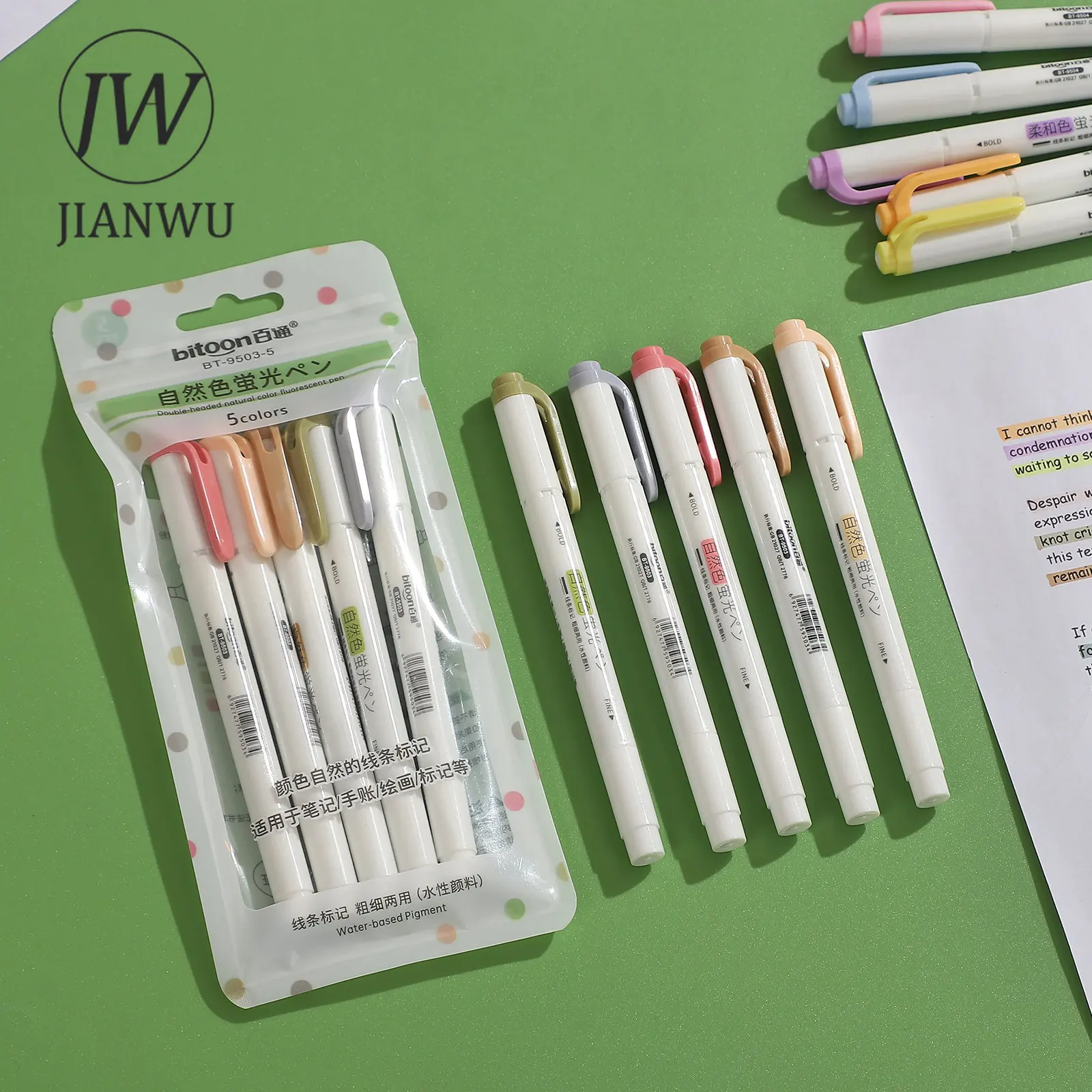 JIANWU 5 Pcs/set Double-ended Eye Protection Highlighter Set Smooth Writing Multicolor Marker Pen Creative DIY Student Supplies