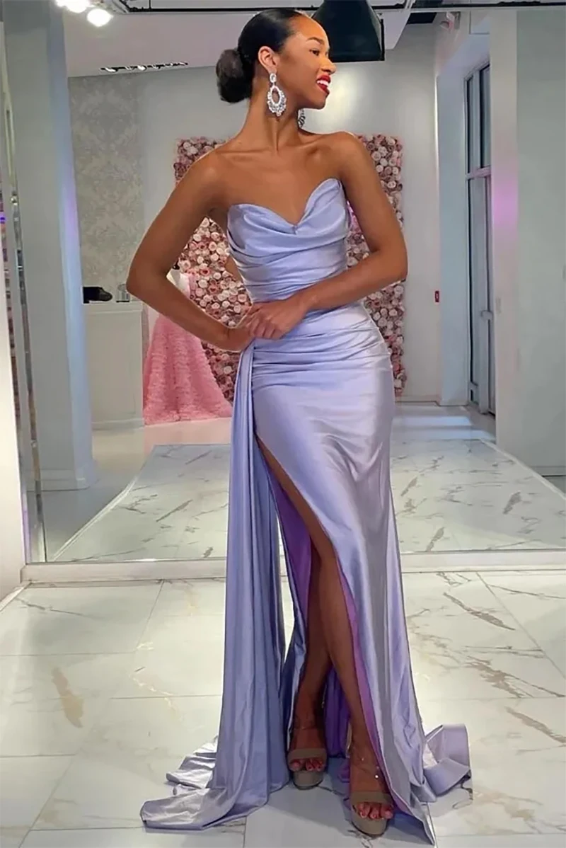 Sexy Slit Ball Gowns Evening Dresses Satin Strapless Elegant Prom Dress Woman Party Robe De Soiree فستان سهرة