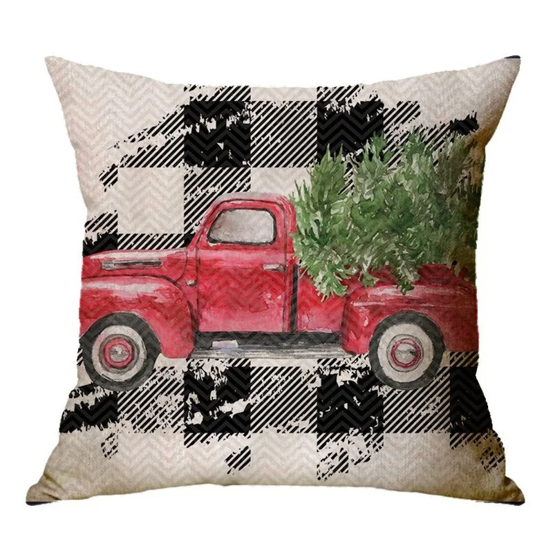 Christmas Cushion Cover 45x45cm Linen Throw Pillow Case Red Truck Christmas Tree Printed Pillow Cover Home Decor Xmas Pillowcase