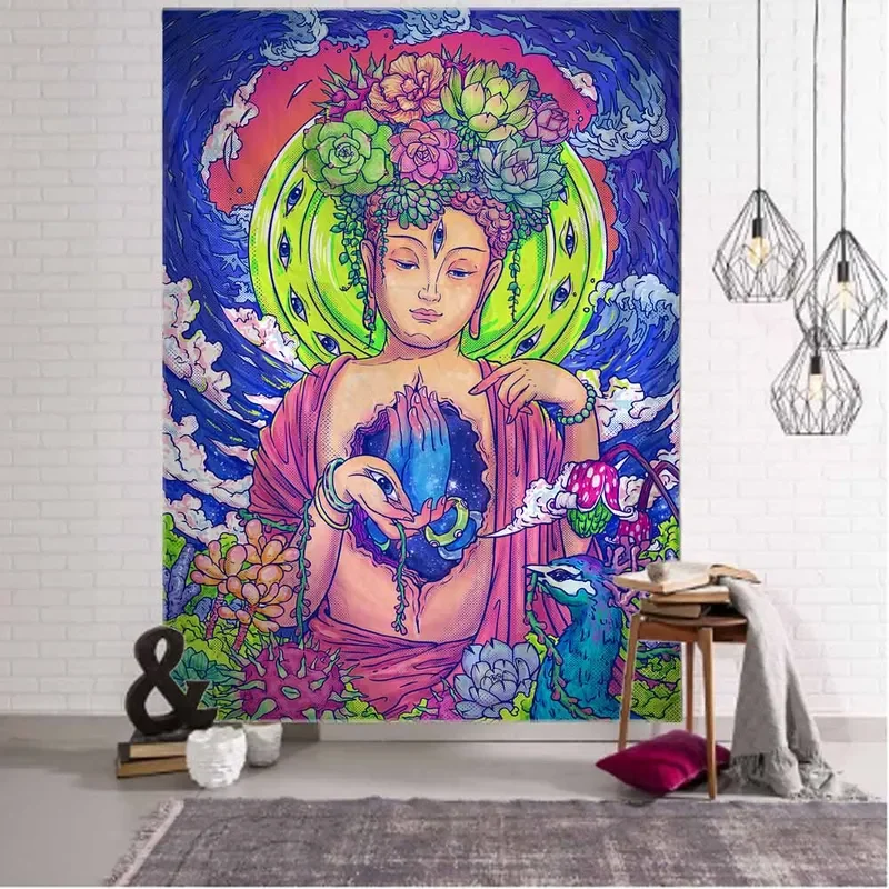 Psychedelic figure art tapestry Buddha statue starry sky sun and moon wall hanging hippie bohemian kawaii home wall decoratio #