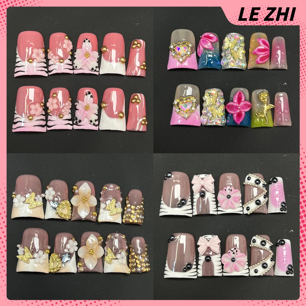

10Pcs Handmade Short Duckbilled Shaped French Fake Nails Hot Girl Leopard Print Zebra Stripes Diamond Flowers Bow Press On Nails