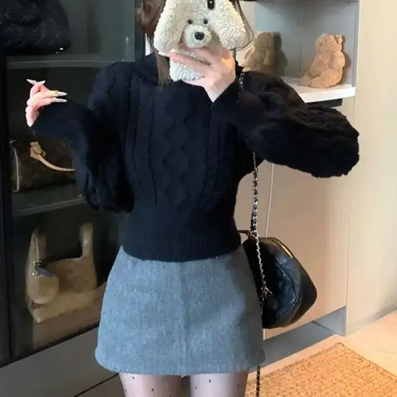 Pakaian Wanita Pullover Rajut Pendek Kerah Tumpuk Modis Warna Solid Musim Gugur Musim Dingin Kasual Lengan Panjang Sweater Vintage