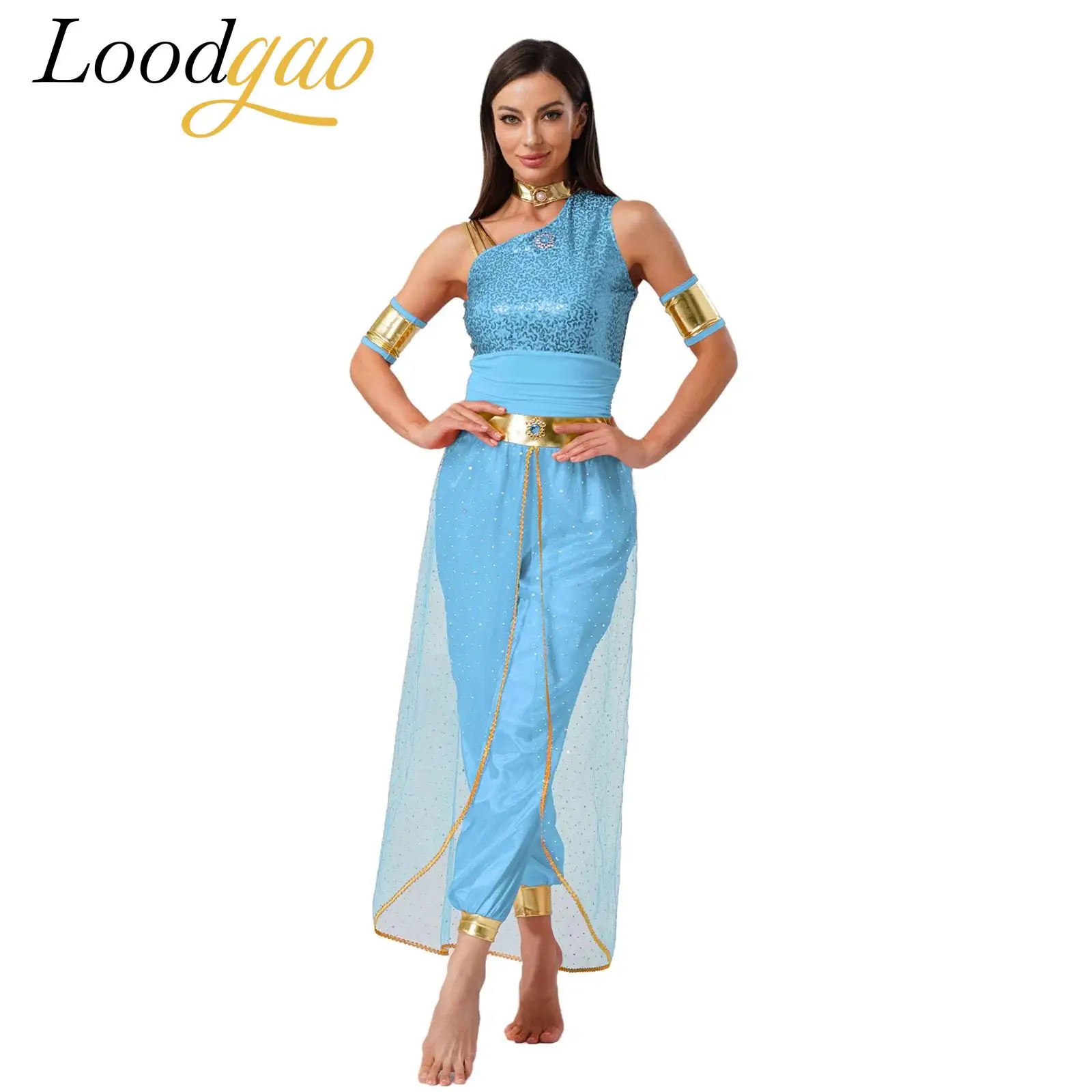 

Womens Arab Princess Cosplay Costume Indian Arabian Shiny Tulle Overlay Bodysuit Halloween Rave Party Belly Dance Jumpsuit