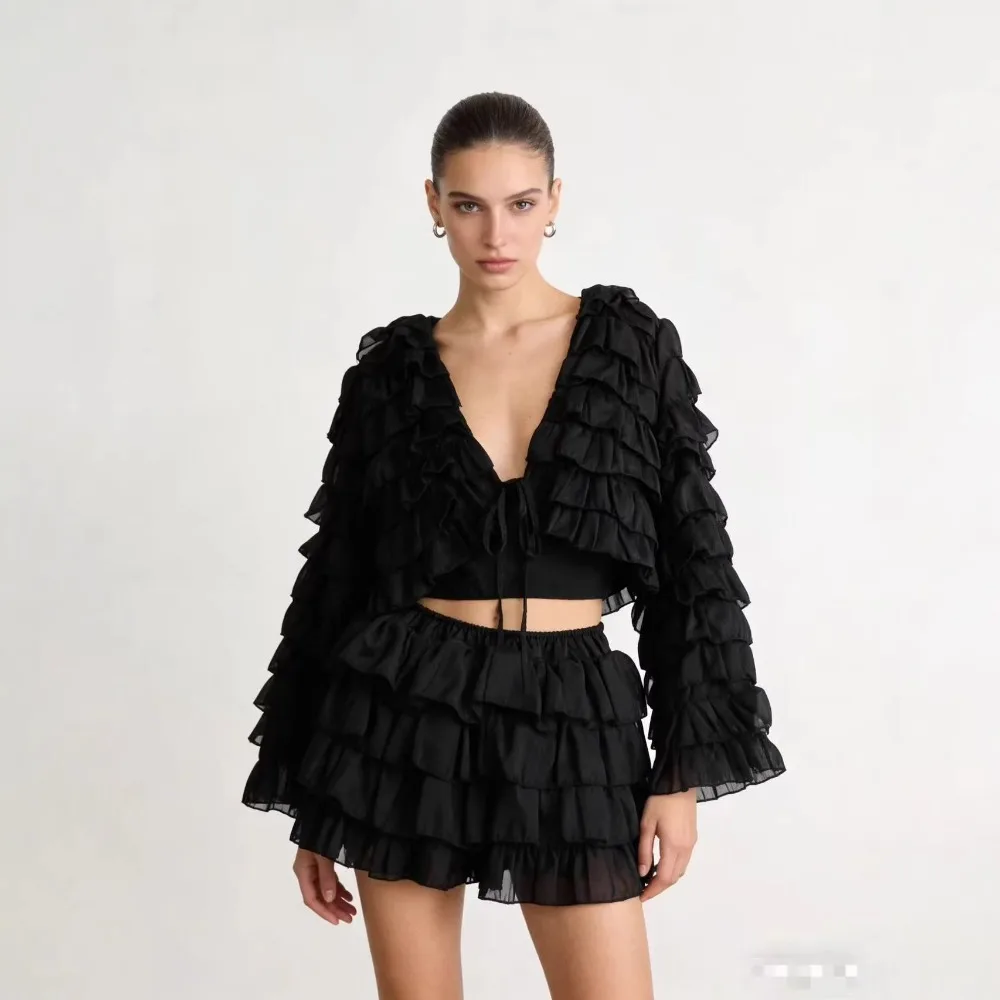 

Sexy 2 Piece-Set Casual Simple Cake Skirts Set Sexy V-neck Ruffles Long Sleeve Tops&Mini Skirts Sets Solid Slim Commute Set