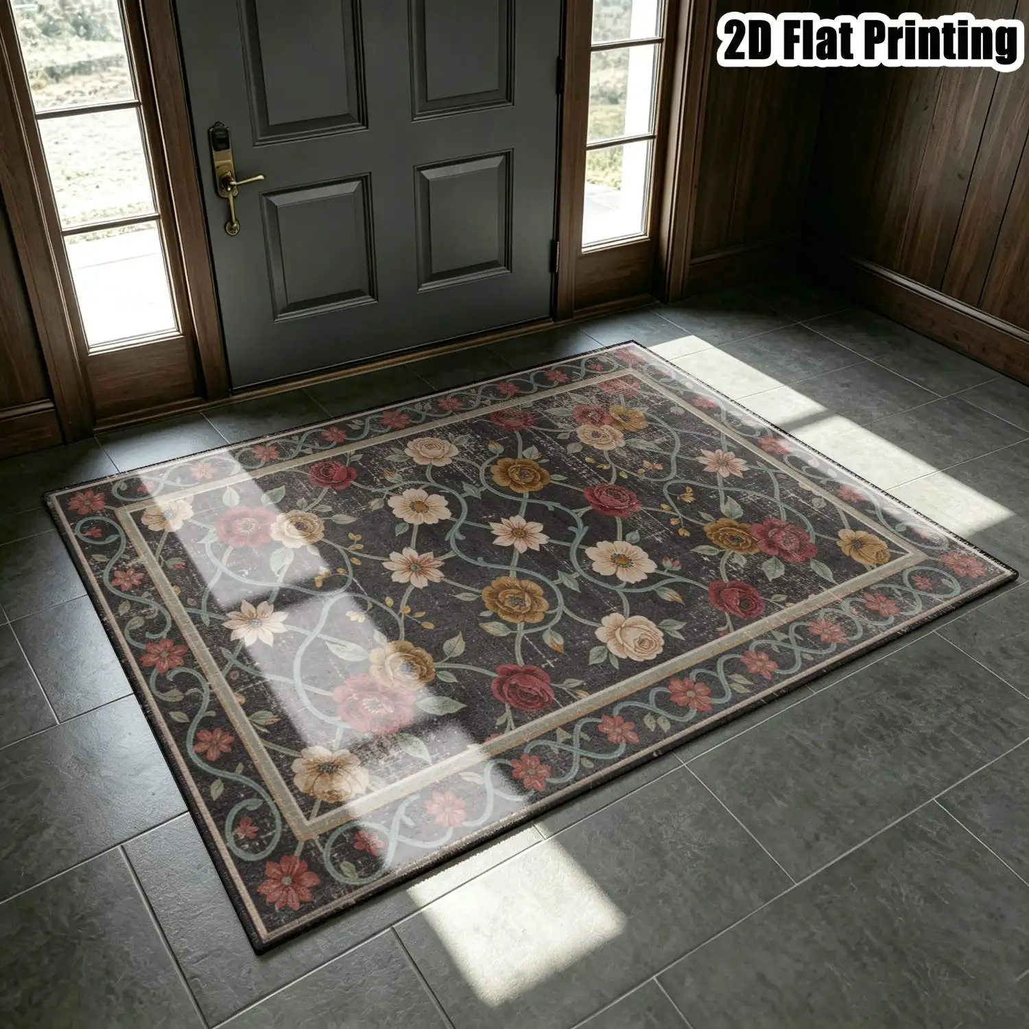 1Pc 2D Printed Retro Dark Floral Pattern European Vintage Carpet, Multi-Size Machine Washable, Ideal for Home Decor Entrance Dining Bedroom Living Room