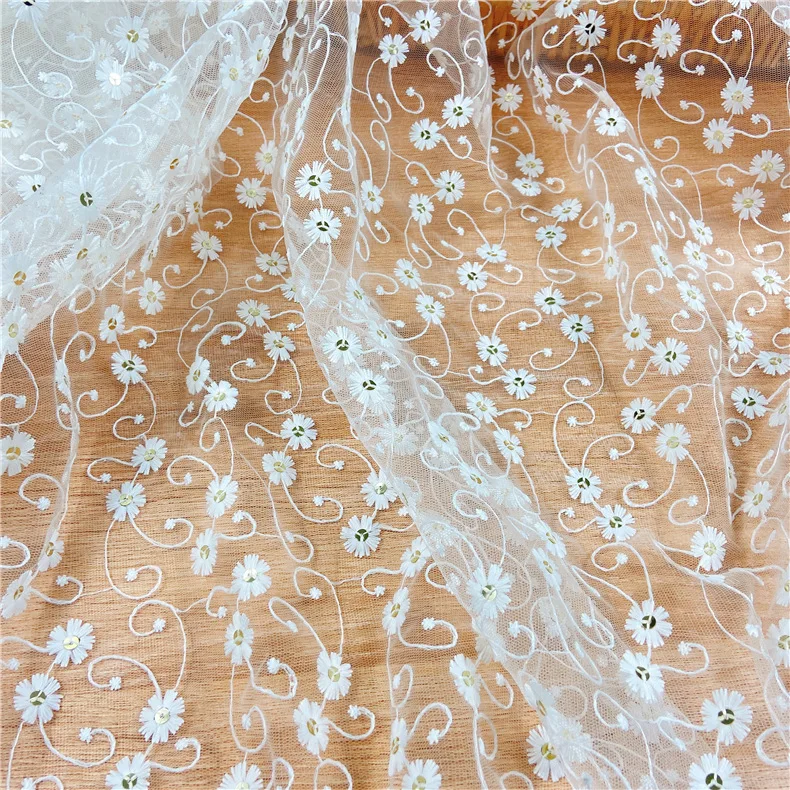 

Sequin Milk Silk Mesh Lace Fabric Water Soluble Embroidery Cloth DIY Sewing Material for Wedding Dress Apparel Decoration