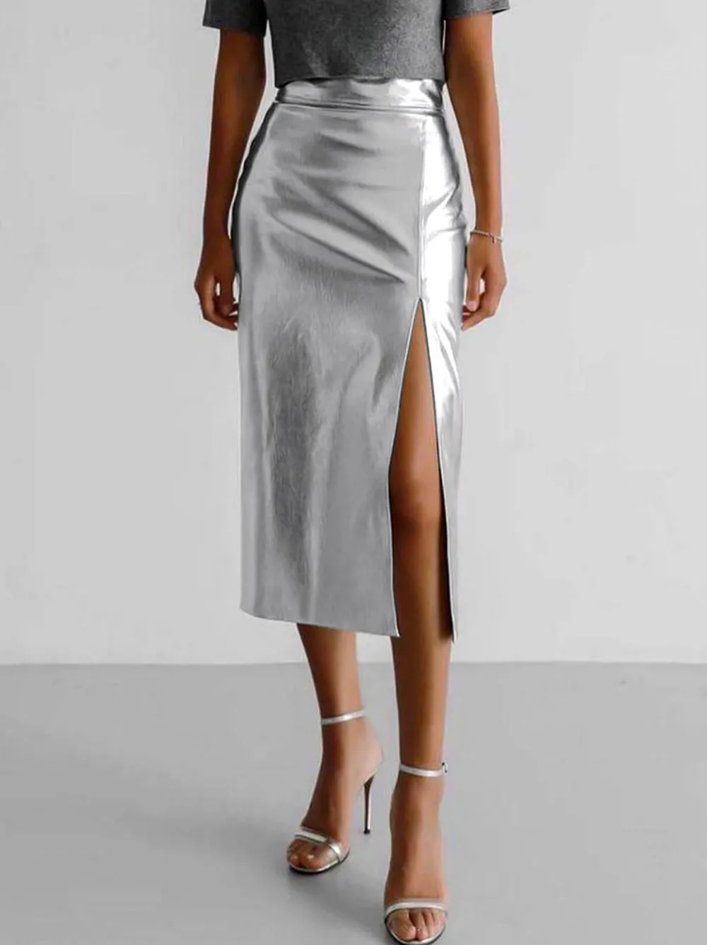 

Fashion PU Leather Silvery Skirt Women's Bright Surface High Waistband Slim Fit Penciled Skirt Shin-Length High Slit Item