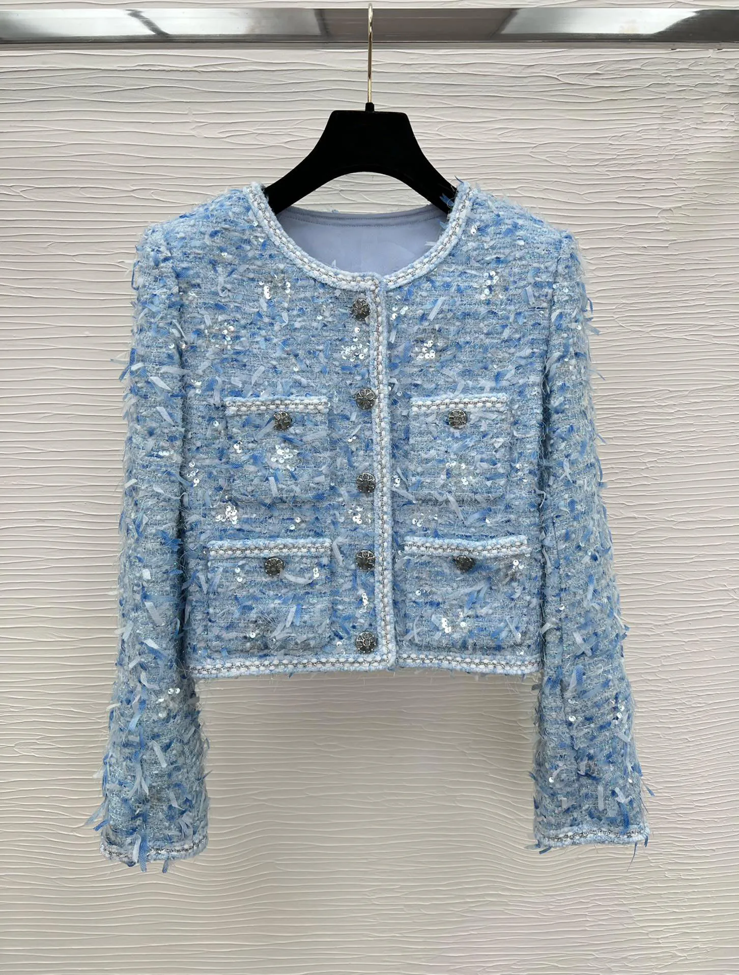 2024 Summer and Autumn New Women's Clothing Blue pearl sequin feather decoration short jacket 0808