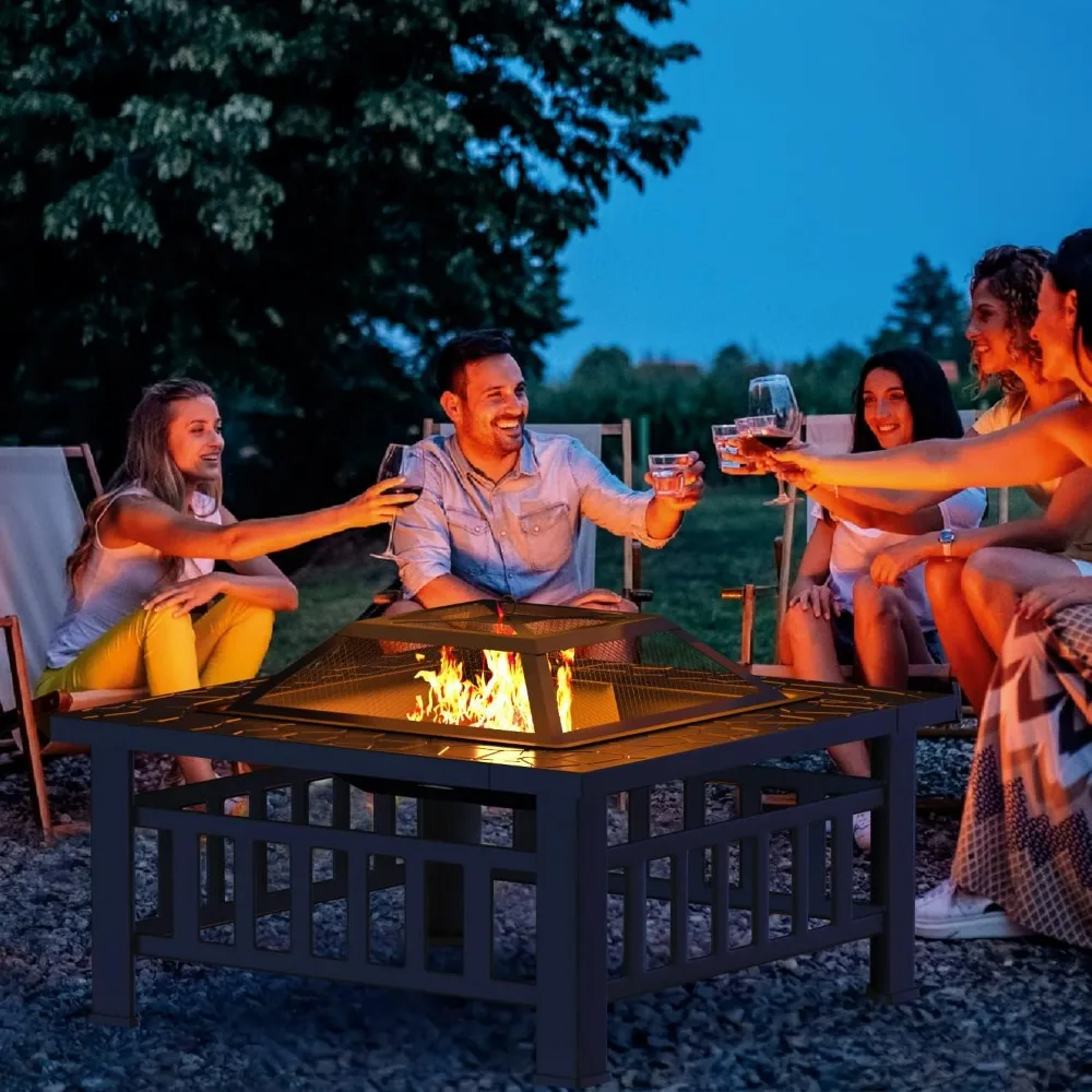 Tuoze 32-Inch Black Metal Firepit Table - Waterproof Cover Multifunctional for Patio Garden Camping BBQ Backyard Outdoor Heating