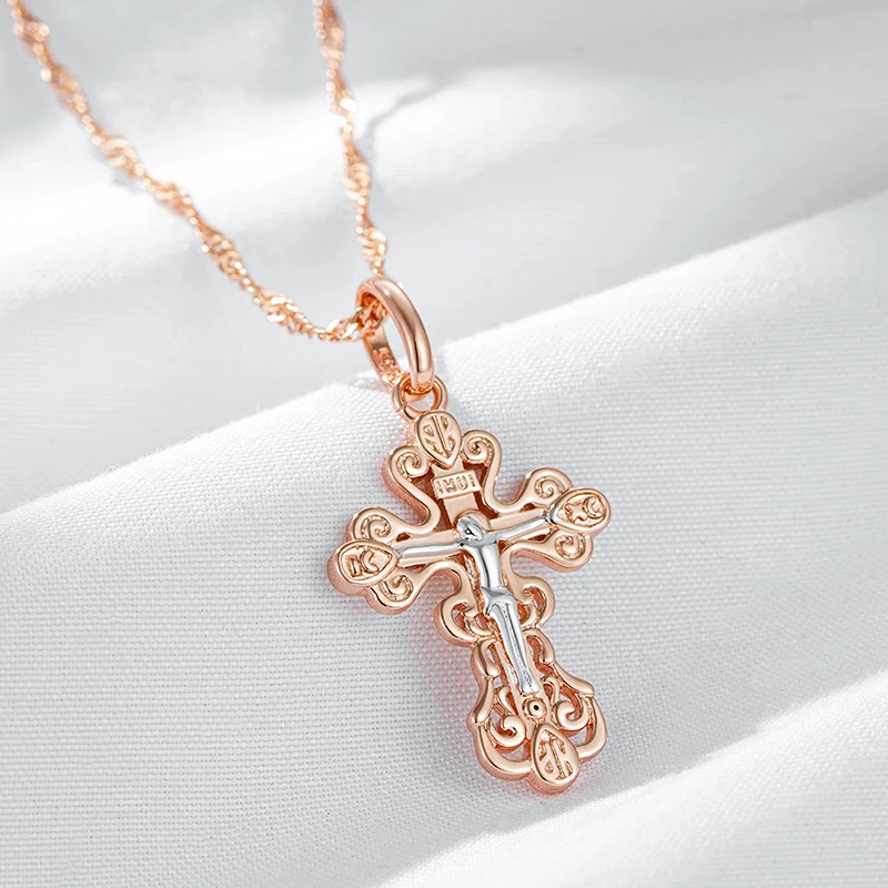 Kinel New Orthodox Church Cross Pendant Necklace for Women Men 585 Rose Gold Silver Color Mix Charm Daily Fine Ethnic Jewelry