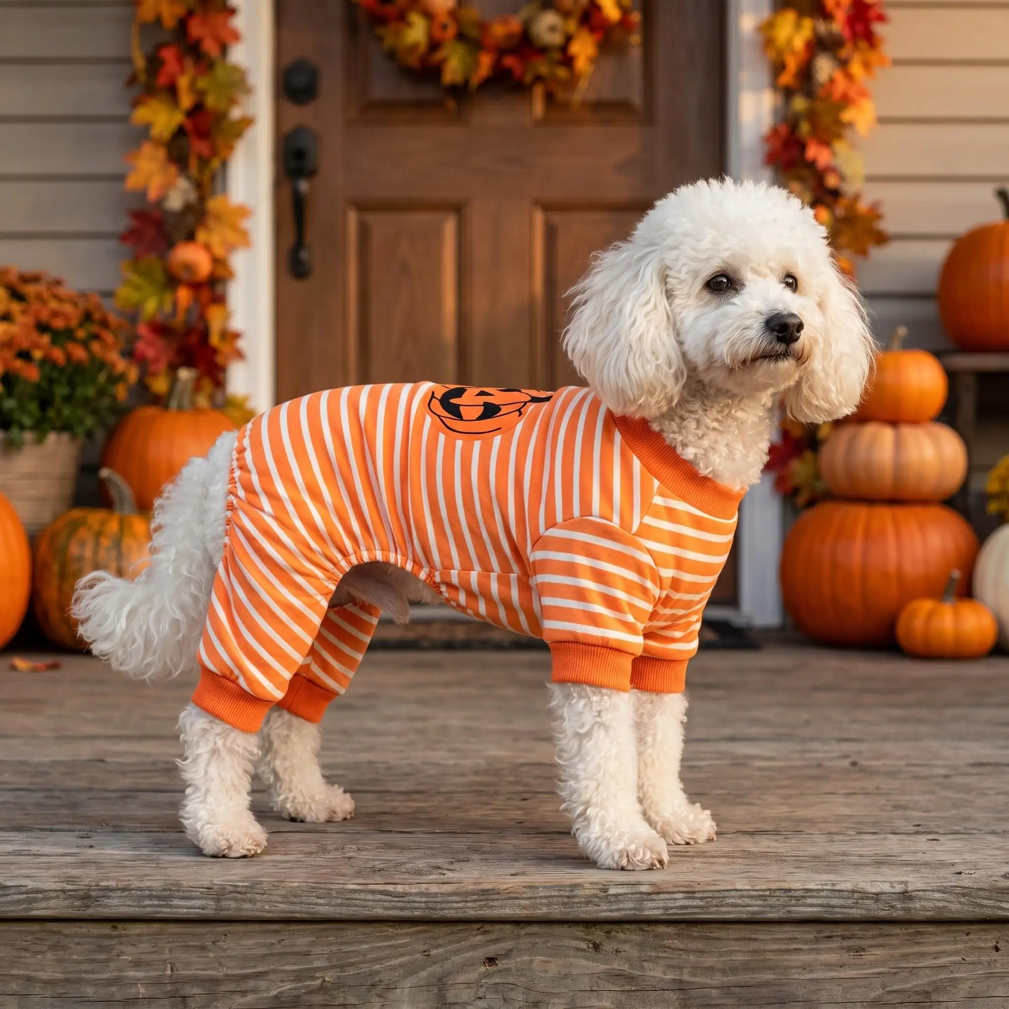 Halloween Orange-Weiß Gestreifter Hunde-Vierbeiner-Anzug Kürbis-Patch Welpen-Bodysuit Einteiler Pyjama Kleidung für Kleine Mittelgroße Hunde Katzen – Detail 5